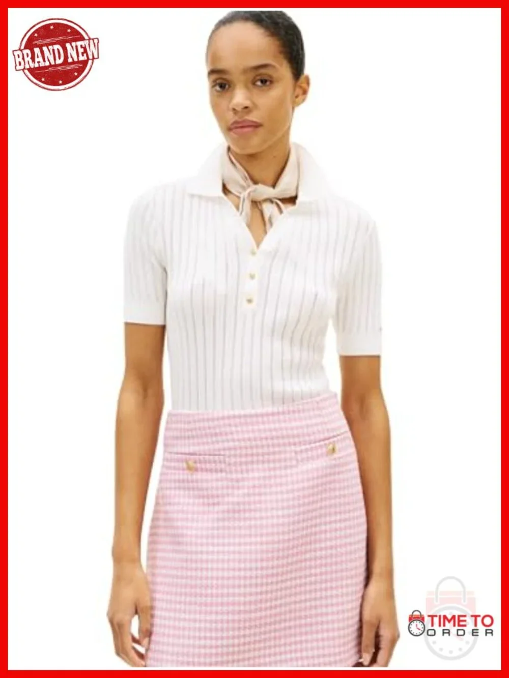 Short Sleeve Cotton Polo Sweater Pointelle Ribbed Knit V Neck